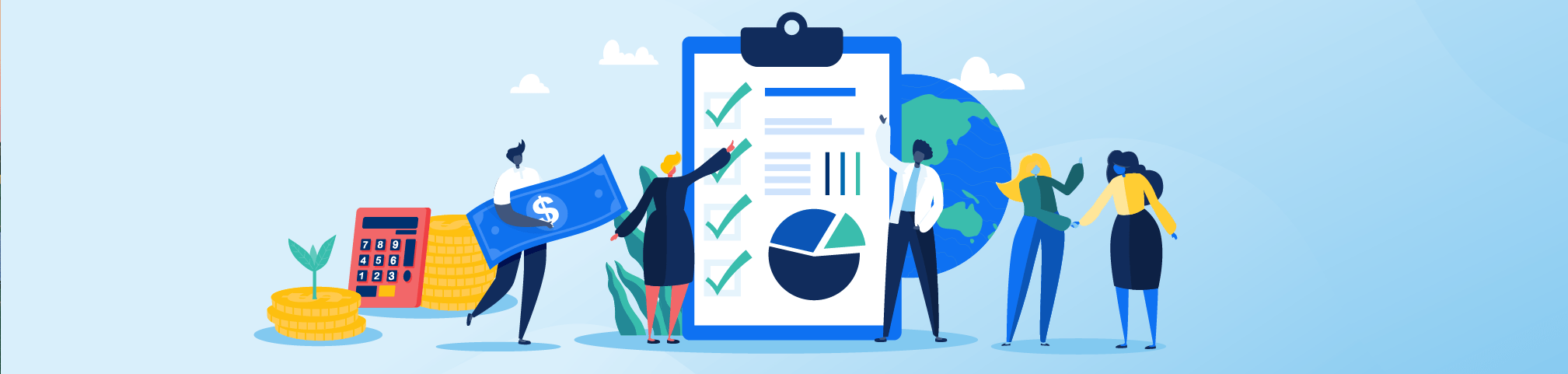 Illustration of people around a large clipboard