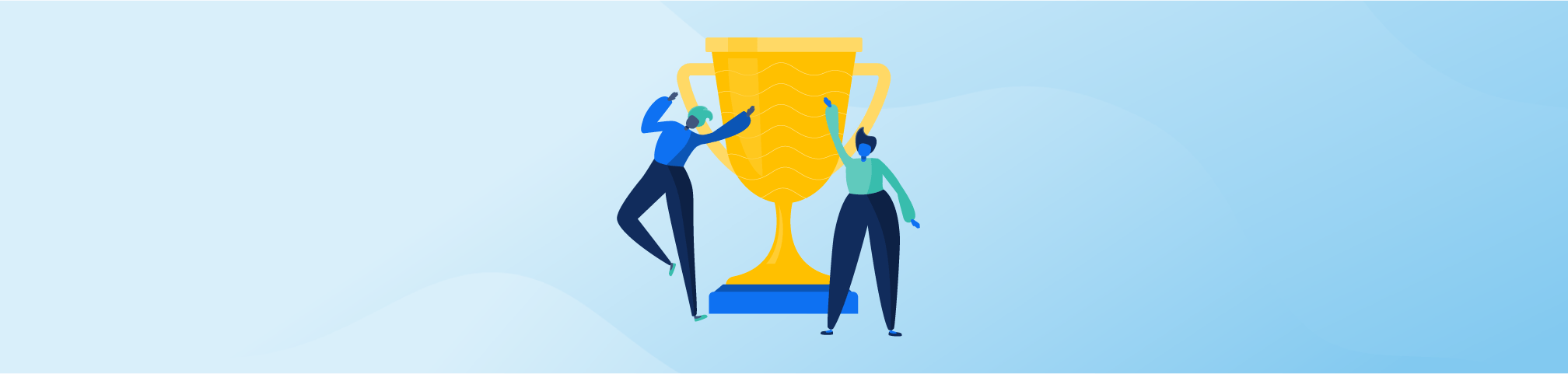 Illustration of two people next to trophy