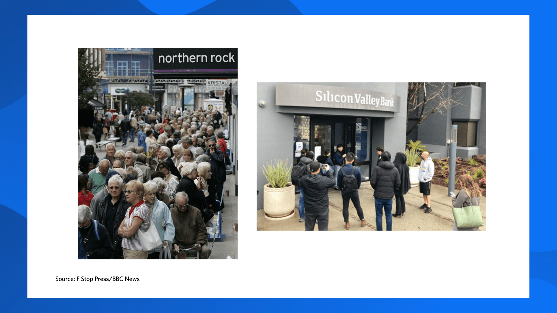 Image 2: On the left, a picture shows a large gathering of people outside Northern Rock during a bank run around the time of the Global Financial Crisis (GFC). On the right, a picture shows a small group of people gathered outside Silicon Valley bank in March 2023.