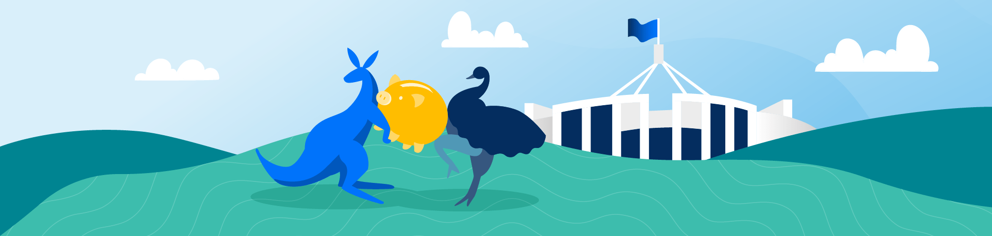 Infographic of wallaby and emu outside parliament building